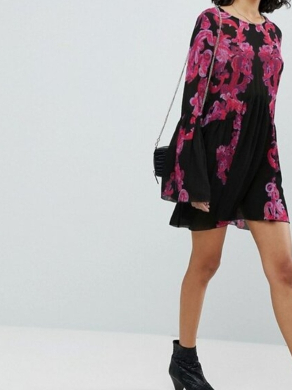 Free People Black Tunic Dress with Pink Floral Embroidery
